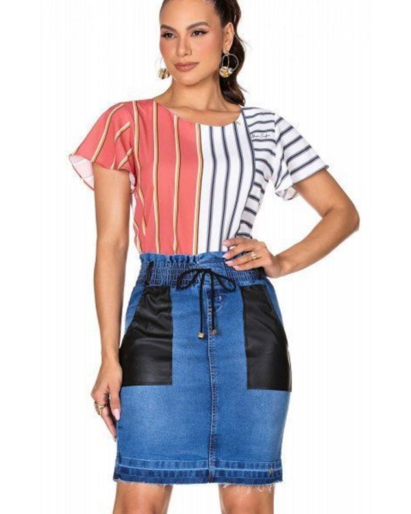 Saia Jeans detalhes em couro BC